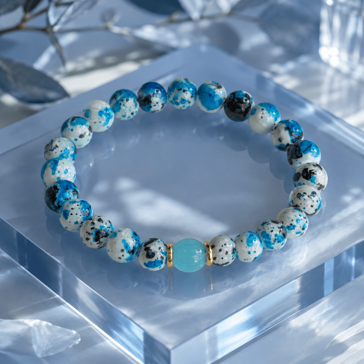 Wealth Bead Bracelet with Blue Agate, Prosperity Design